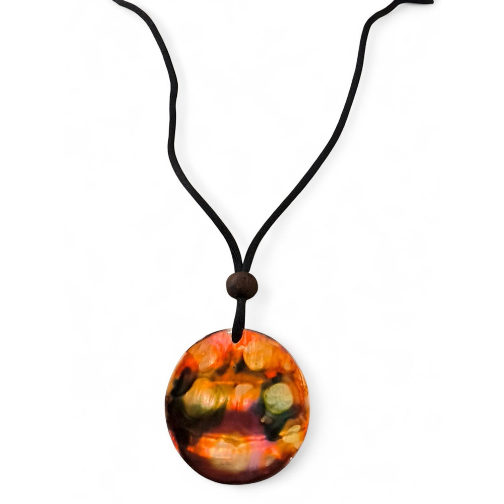 Reversible Mother of Pearl Pendant Necklace Adjustable Cord Hand-Painted Boho - Picture 2 of 8